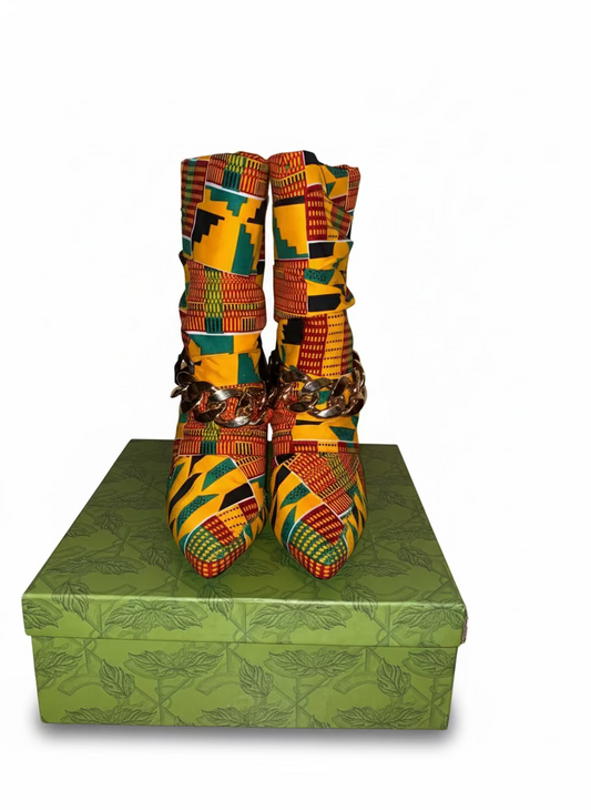 African Print Mid-High Women’s Boots with Shoulder Bag