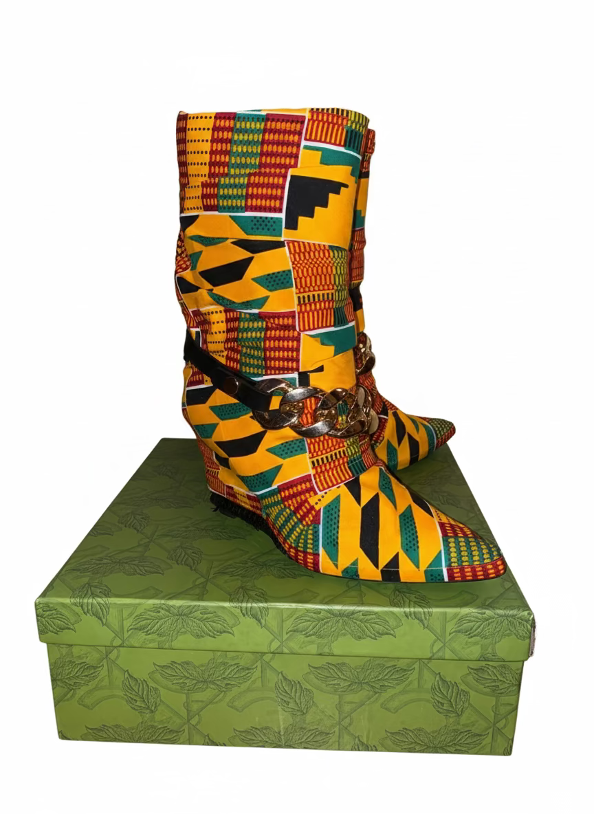 African Print Mid-High Women’s Boots with Shoulder Bag