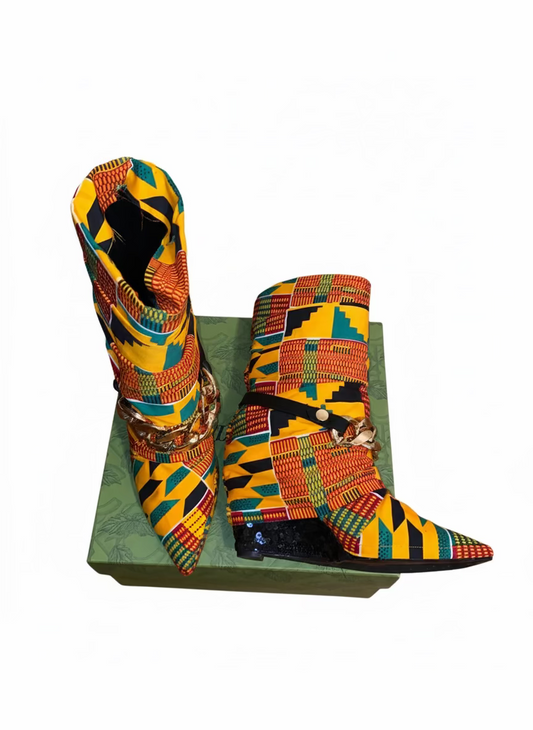 African Print Mid-High Women’s Boots with Shoulder Bag