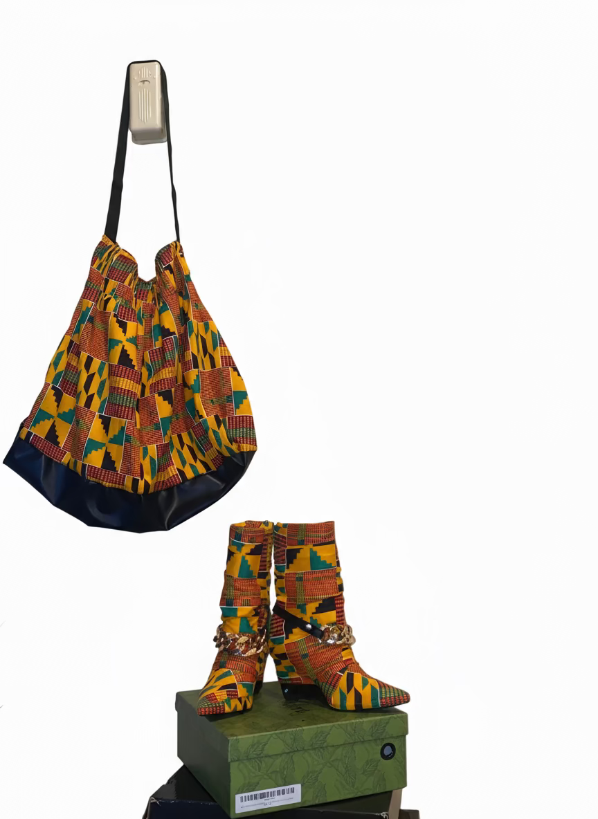 African Print Mid-High Women’s Boots with Shoulder Bag